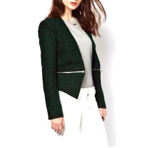 ARYN K Green Cropped Blazer Textured Finish Jacket Tweed Zip Off XS